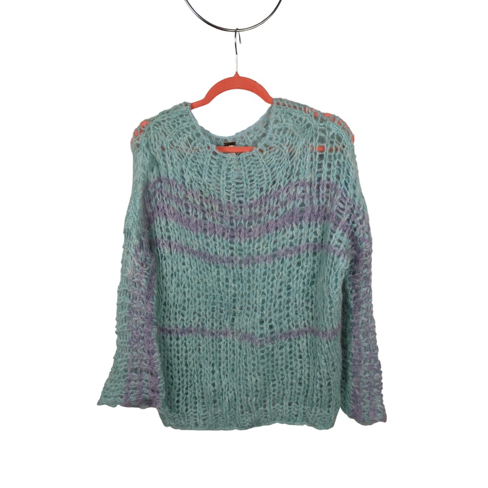 Free People Womens XS Alpaca Wool Blend Open Knit Striped Sweater Teal Purple